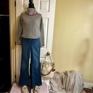 Bartolini Made In Italy Wool Cashmere Funnel Neck Ribbed Stripe Preppy Sweater S